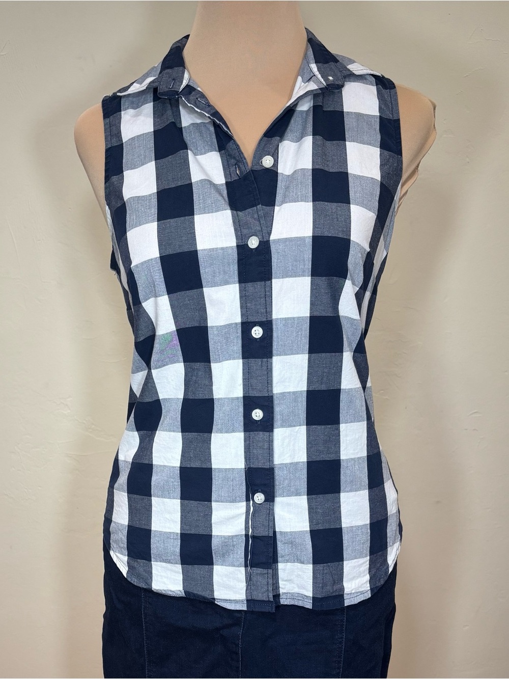 J. Crew Factory Sleeveless Button-Down Shirt, Navy & White Gingham, 0 Petite